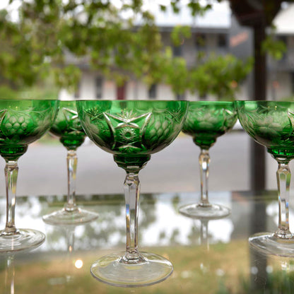 Vintage Bohemia Green Cut Crystal Glasses