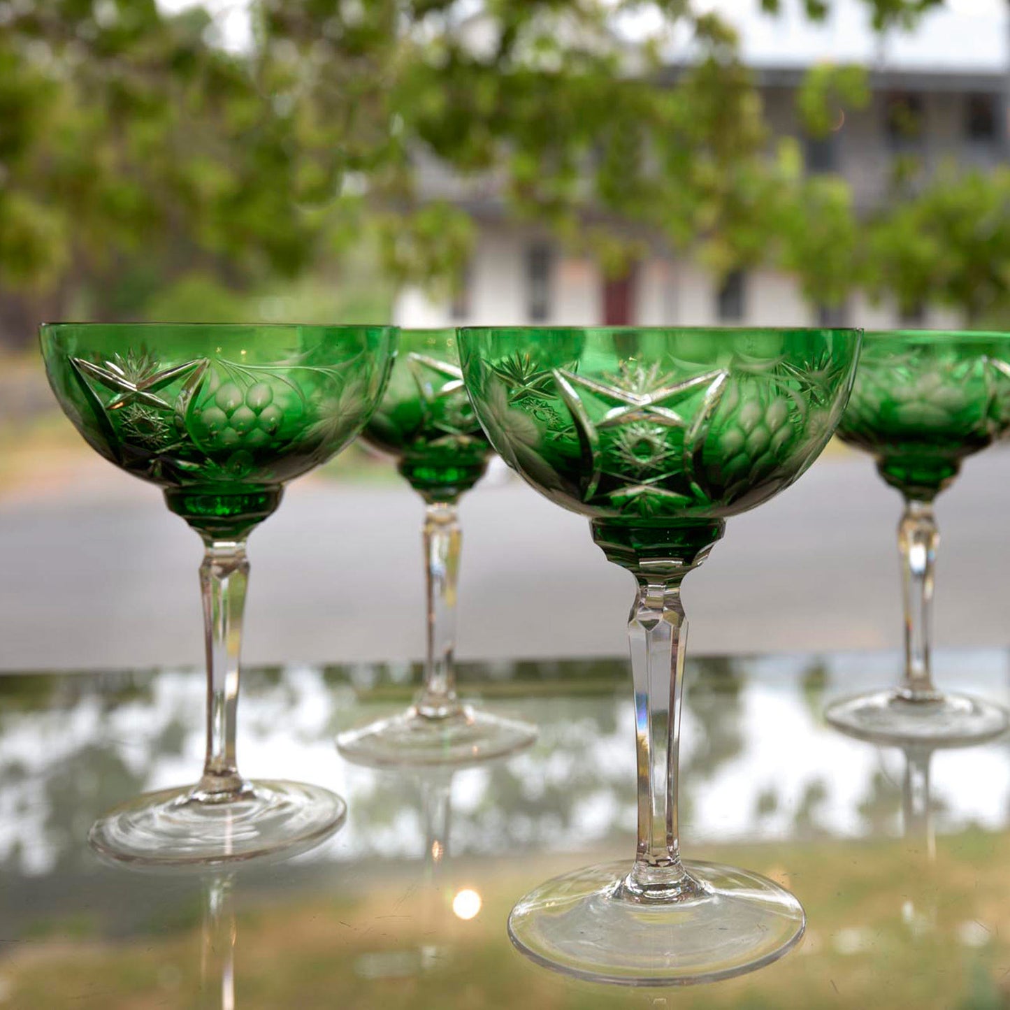 Vintage Bohemia Green Cut Crystal Glasses